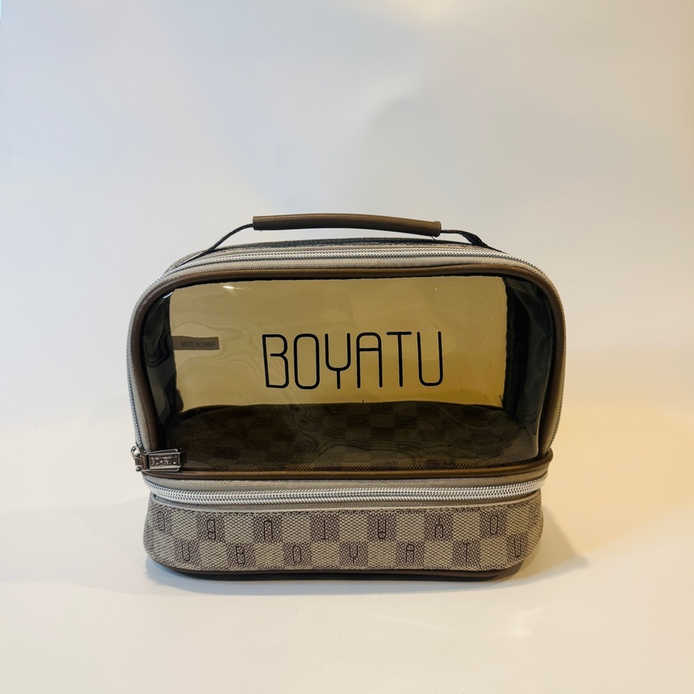 Brown/Tan Checkered Travel Makeup Bag